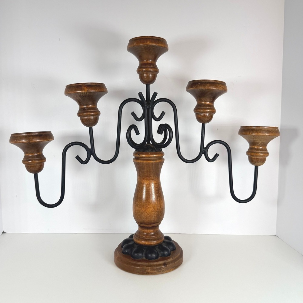 Vintage Wood Metal Candelabra 5 Candle Holder Tabletop Decor Accent castlecore‎